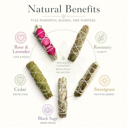 Smudge Sticks Sampler - 1 White Sage with Rose and Lavender, 1 Rosemary, 1 Cedar, 1 Sweetgrass White Sage and 1 Black Sage Stick Sampler