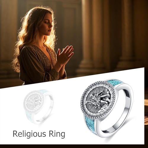URONE Saint Michael/Benedict/Raphael/Virgin Mary/Christopher Ring 925 Sterling Silver Archangel Signet Ring Religious Jewelry Gift for Women Men #7-10 St. Michael 7-10