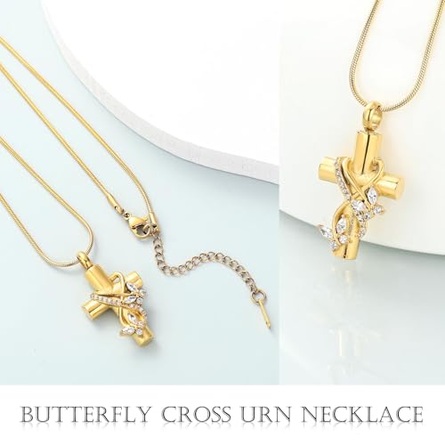 Imrsanl Butterfly Cross Urn Necklace for Ashes Men Women Cremation Jewelry Ashes Pendant for Human Memorial Ash Jewelry Gold