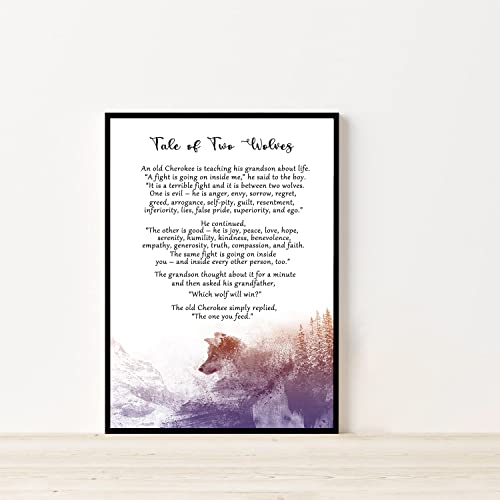 RCVTVPV Tale Of Two Wolves Wall Art Native American Tale Art Print Spiritual Wisdom Poster Canvas Wall Art For Home Office Framed Ready to Hang 8"x12" White 5 12"L x 8"W