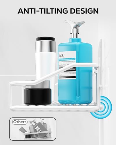 Pair of white adhesive shower caddies by Nieifi with shelves and shampoo holders for bathroom organization.