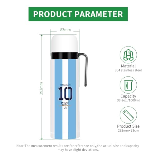 CUOPRU Double Wall Stainless Steel Vacuum Insulated Bottle for Yerba Mate, Coffee, Water, Tea, 32oz, BPA Free, Argentina Captain NO.10 Style