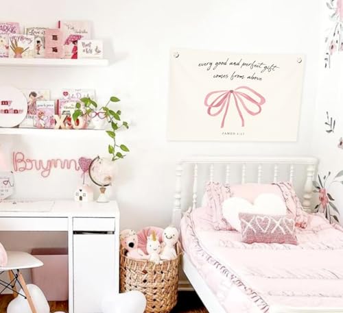 Christian Wall Decor Bible Verse Canvas Banner Pink Bow Wall Art James 1:17 (Cream color2)