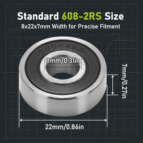 Hoypeyfiy 20Pcs 608-2RS Miniature Ball Bearings, ID 8mm x OD 22mm x Width 7mm Double Rubber Sealed Deep Groove Bearings for Skateboards, Inline Skates, Electric Motors
