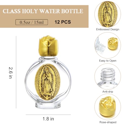 KOMI 12Pcs Glass Holy Water Bottle 0.5oz Holy Water Empty Mini Containers with Embossed Our Lady of Guadalupe Baptism First Communion Church Catholic Religious Gifts Bulk Golden