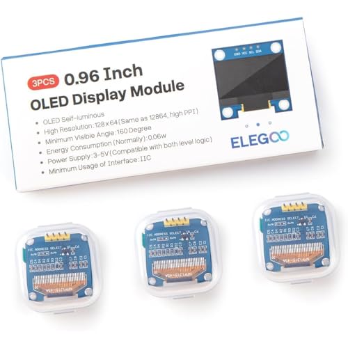 Elegoo 3 pieces 0.96 inch OLED display I2C compatible with Arduino | 128 x 64 pixels, self-luminous, blue & yellow mini display, compatible with Raspberry Pi & PICO, ESP-32 for DIY projects