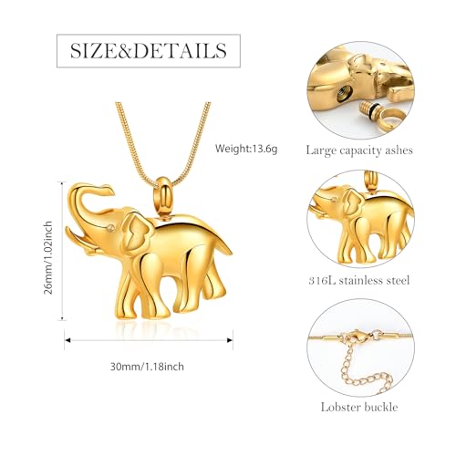 Hearbeingt Elephant Urn Necklaces for Ashes Memorial Cremation Jewelry A-Gold
