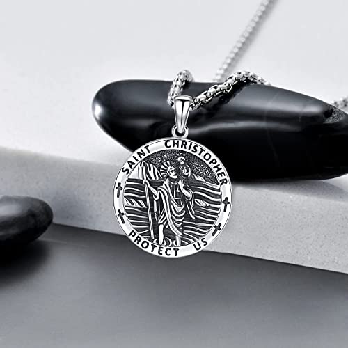 Aniu 925 Sterling Silver Saint Medal Necklace Religious Amulet Jewelry Gift Round - St Christopher Necklace - D