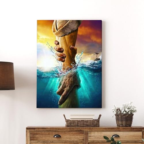 Framed Jesus Christ Canvas Wall Art The Hand of God Jesus Reaching Into Water Christian Painting Prints Biblical Wall Decor Religious Room Decor for Church Prayer Room Schools Hospitals 12" x 16" 16"L x 12"W Jesus 3