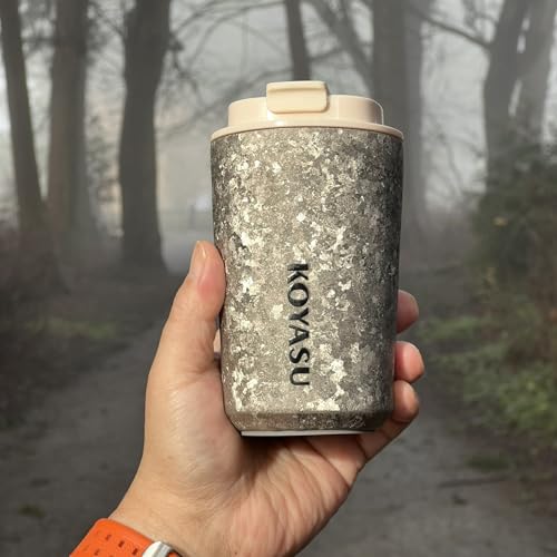 KOYASU Ti-Zen Titanium Travel Coffee Mug - 12oz Ultralight Insulated Tumbler - Premium EDC Gear & Tactical Accessories - Heavy Duty Cup - Crystallized Texture Thermal Flask - Nimbus Gray