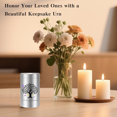 SOITIS Mini Urn for Human Ashes 3.54 Inch Small Urns for Human Ashes Keepsake Memorial Urn for Human Ashes Aluminum Keepsake Cremation Ashes Keepsake-Tree of Life with the Moon and Sun Silver-Tree