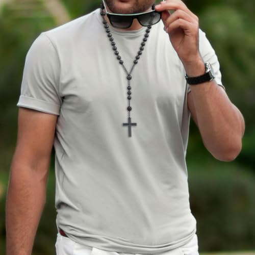 mookaitedecor Long Healing Crystal Cross Pendant Necklace for Men Grey Black-Lava Stone & Hematite