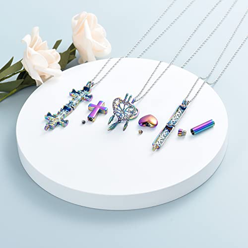 shajwo 3 Pack Cremation Urn Necklace for Ashes for Women Men Heart Lotus Cross Cylinder Cremation Jewelry for Ashes Loved One Memorial Keepsake Pendant Heart-Rainbow 2