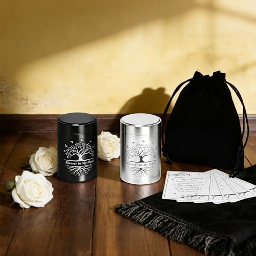 8 Sets 2.76'' Small Urns for Human Ashes Silver Black Aluminum Cremation Keepsake Funeral Urn with Memorial Cards and Velvet Bag Sets Sharing for Family Pet Ash (Tree of Life)