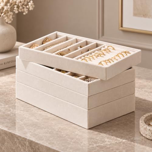 Velvet Jewelry Drawer Organizer Trays Large Beige Stackable, 4Layer