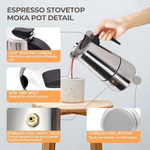 Stainless steel Mogrecha 4-cup 200ml moka pot for stovetop espresso brewing, featuring a compact design and ergonomic handle.