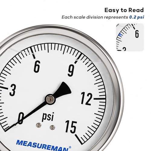 MEASUREMAN 4 Inch Glycerin-Filled Pressure Gauge, 0-15 PSI, 1/4 NPT
