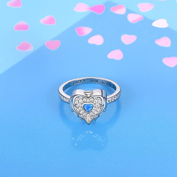 Jinlou Angel Wing Heart Cremation Ring for Women - 925 Sterling Silver Holds Loved Ones Ashes Rings for Pet Human Ash CZ angel rings for ashes 6