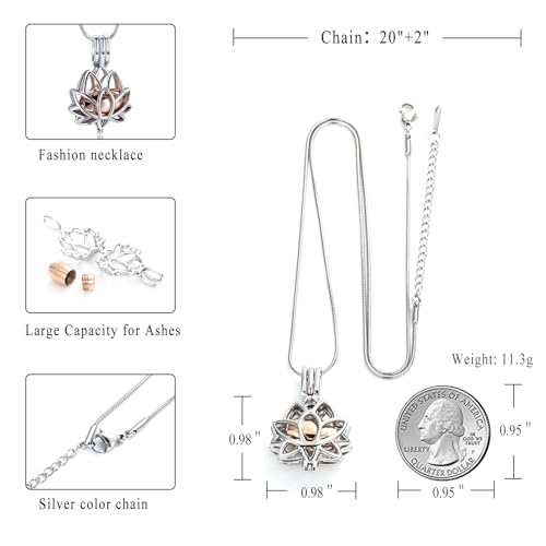 Cremation Jewelry for Ashes Pendant - Lotus Urn Necklace with Mini Keepsake Urn Memorial Ash Jewelry For Women Men Silver-Rose Gold