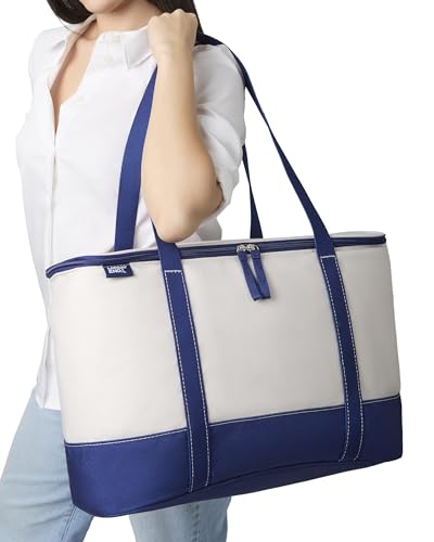 Lands' End navy rectangular insulated cooler bag with canvas soft exterior, large 8-gallon capacity, ideal for lunch and outdoor use.