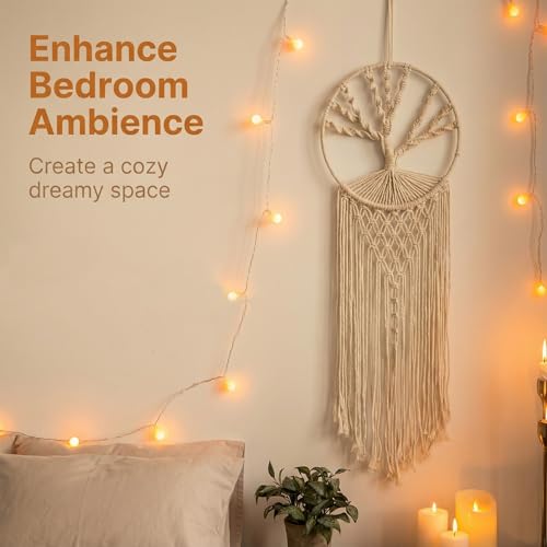White Macrame Dreamcatcher Wall Hanging, 37” Long Vertical Boho Decor with Feathers & Tree of Life, Handmade Cotton Weaving for Bedroom, Meditation Space, Yoga Studio - Calming Spiritual Gift