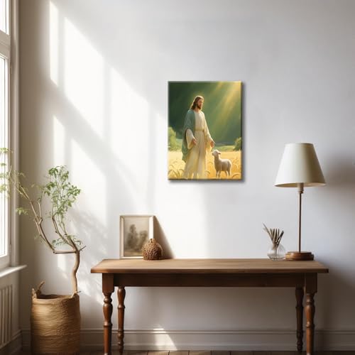 Jesus and Lamb Canvas Wall Art Christian Religious Painting Print 12x16 in Green 12"L x 16"W