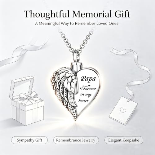 Heart Angel Wing Urn Necklace for Ashes for Women Cremation Jewelry Memorial Keepsake Pendant Forever In My Heart Grandpa