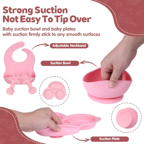 Silicone Baby Feeding Set,Miicasa Baby Led Weaning Supplies Kit With Suction Bowl & Car Plate, Bib, Spoon, Fork, Cup - Food-Grade Silicone, Dishwasher-Safe, No BPAs - For 3+ Months pinkbowlsets