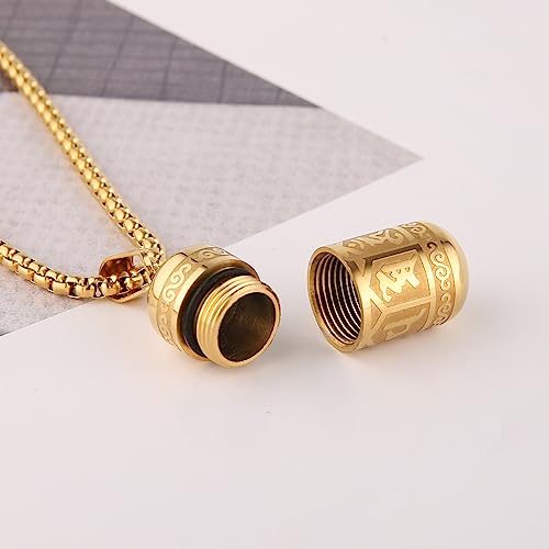 STWTR Tibetan Buddhist Meditation Stainless Steel Pendant Memorial Cremation Grey Pill Container Necklace for men and women with 23.6 "+1.9" necklace Gold
