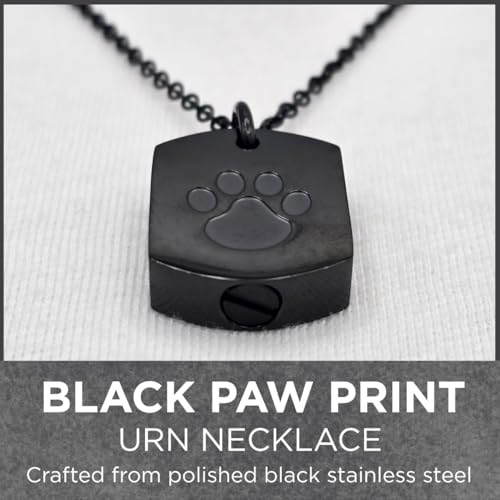 Black Paw Print Urn Necklace with Funnel Kit – Stainless Steel Cremation Jewelry for Ashes, 55cm Chain, Discreet Hollow Keepsake Pendant for Pet or Loved One
