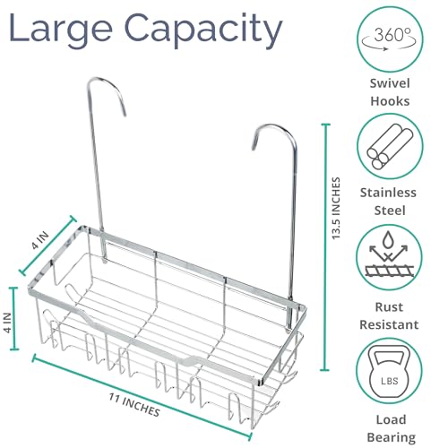 Small Shower Caddy Hanging - Shower Door Caddy Hanging with Rotatable Hooks and Adhesive Mount - Perfect for Bathroom Toiletries - Spacious & Convenient Bathroom Storage Solution 304 Stainless Steel Single Tier - Silver