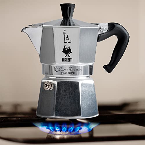 Bialetti Moka Express 6-cup stovetop espresso maker in natural silver, designed for brewing rich Italian coffee.