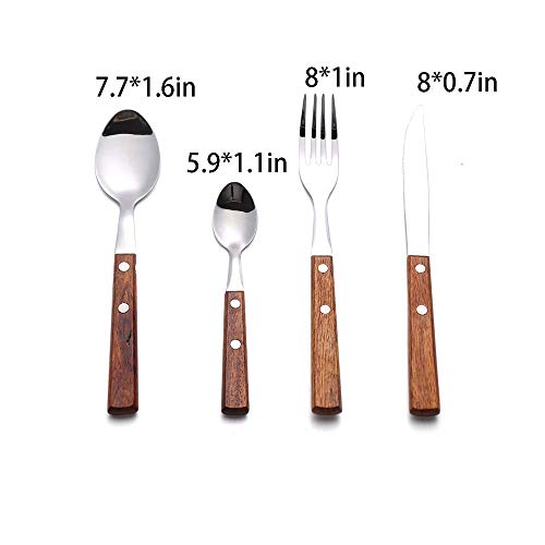 Set of 16 stainless steel dinner forks with wooden handles from HAPPY KIT, part of the 18/8 flatware silverware utensil set.