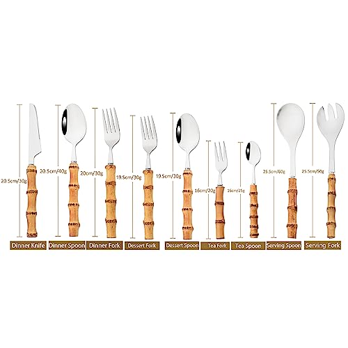 24-PIECE Silver Polish Flatware Set With Natural Bamboo Handle, Basic Chinoiserie Tableware Set For Daily Dining And Kitchen, Service for 6 24pcs Service for 6