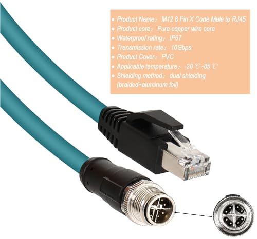 M12 X-Code 8 Pin Industrial Ethernet Cable, IP67 Waterproof Shielded Sensor Cable, Male to Female High-Flex Aviation Connector for Cognex Camera, PLC, Automation System Male X-8pin to Male RJ45 5m