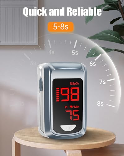 HOLFENRY Oxigeno en Sangre y Ritmo Cardiaco, Oxigeno dedo Adultos Monitor with Estuche and Lanyard, App Free (Grey)
