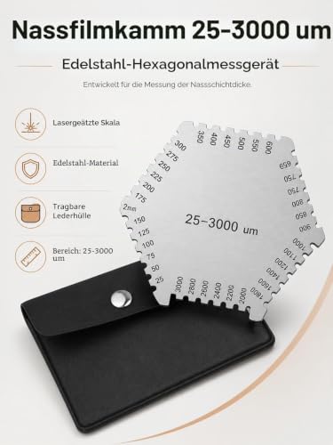 Wet Film Comb, Stainless Steel, 25-3000 µm Hexagon High Precision Wet Film Thickness Gauge Gage, Wet Film Thickness Gauge with Black Housing for Measuring Paint Layer Thickness