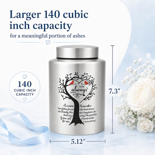 7.3 Inch Medium Urns for Human Ashes, Cremation Urn for Human Ashes, 140 Cubic Inches Decorative Stainless Steel Funeral Memorial Keepsake Urn with Two Cardinal Birds, Silver
