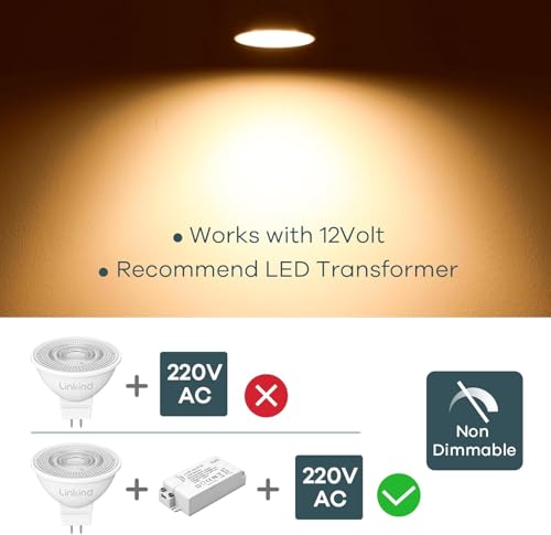 Linkind GU5.3 MR16 LED 5W Lamp 12 V, 50 Watt Replaced, 2700 K Warm White 36° Beam Angle LED Spot MR16, 520 Lm AC/DC 12 Volt Bulb, Not Dimmable, Pack of 5 Non-dimmable, 2700k, Warm White 5 count