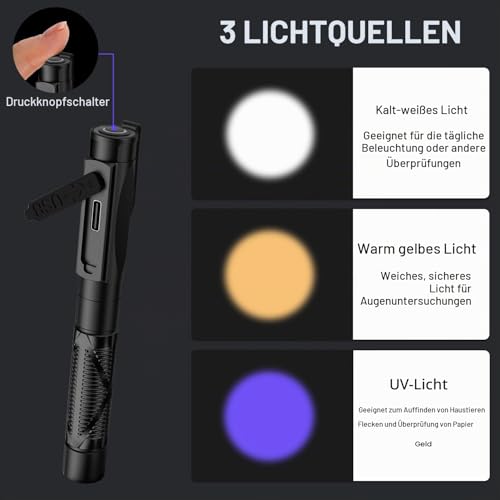 Diagnostic Light, Medical Pupil Light, Rechargeable USB, 3-Colour Light, Portable LED Pen Lamp with Pocket Clip for Nurses, Students, Doctors klein