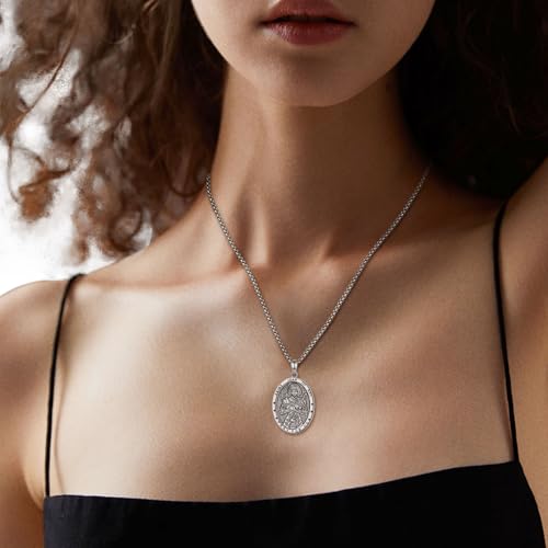 INFUSEU Catholic Religious Pendant Necklaces for Men Women, Saint Michael Christopher Benedict Crucifix Faith Jewelry, 22-24 Inch Chain St Joan of Arc Silver
