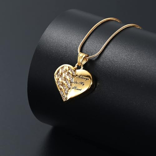 Heart Urn Necklace for Ashes for Women Men Angle Wings Cremation Jewellery Keepsake Pendant Memorial Locket Ash Holder Forever In My Heart Gold