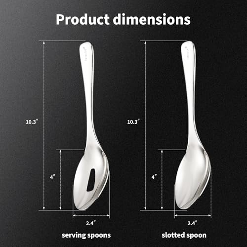 Silvery Serving Spoons Set, 2 Pieces Stainless Steel Slotted & Solid Serving Spoons, Mirror Polished Silvery Plated Serving Utensils for Buffet, Catering, Party, Wedding, Dishwasher Safe