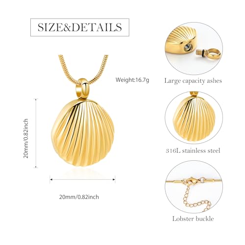 Shell Urn Necklace for Ashes Cremation Jewelry for Women Men Stainless Steel Seashell Pendant Memorial Necklaces Ash Holder for Human Pets Keepsake Jewelry for Loved Ones with Fill Tool A-Gold