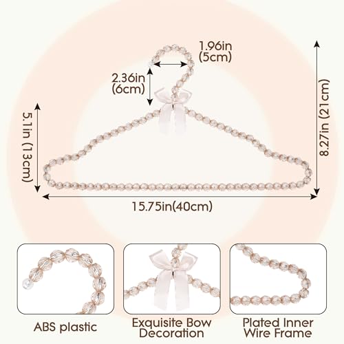 Beaded Clothes Hangers with Satin Bow – Set of 5, 15.7" Non-Slip Bead Hangers for Wedding Dresses, Boutique Display & Closet Decor – Champagne Gold