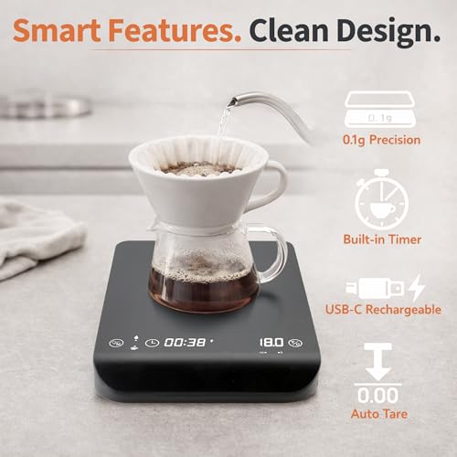 Coffee Scale with Timer for Espresso & Pour Over, 3kg/0.1g Precision Digital Scale, Auto Timing, Touch Control, LED Display, USB Type-C Rechargeable