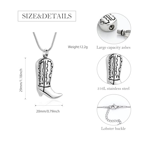 Hearbeingt Cowboy Boots Urn Necklaces for Ashes Cremation Jewelry Cowboy-Silver