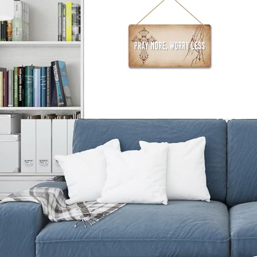Pray More Worry Less Wood Sign - Inspirational Christian Wall Art, Rustic Farmhouse Home Decor, Religious Gift for Anxiety Relief, Bible Verse Encouragement Plaque 12x6 Inch C02