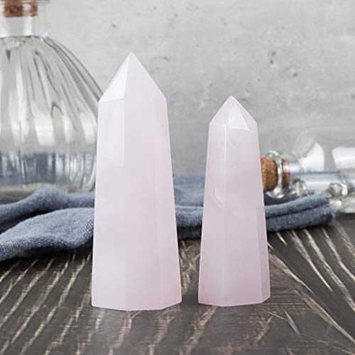 SMQ 2pcs Rose Quartz Healing Crystal Wands Chakra Sets Gemstones Witchcraft Meditation Hexagonal Single Points Energy Balancing Gifts for Reiki,Home Decor