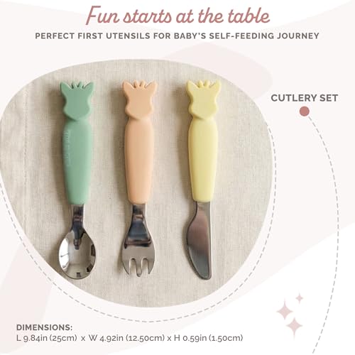 Sophie la girafe Baby Cutlery Set for Toddlers and Babies Easy Grip Fork Spoon and Rounded Safety Knife Stainless Steel First Feeding Utensils for Self Feeding